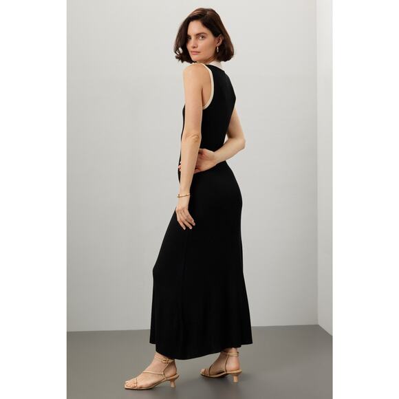 SANDRO Black White Ribbed Knit Beige Button Placket Gabriel Maxi Dress Size 38 - Picture 2 of 16